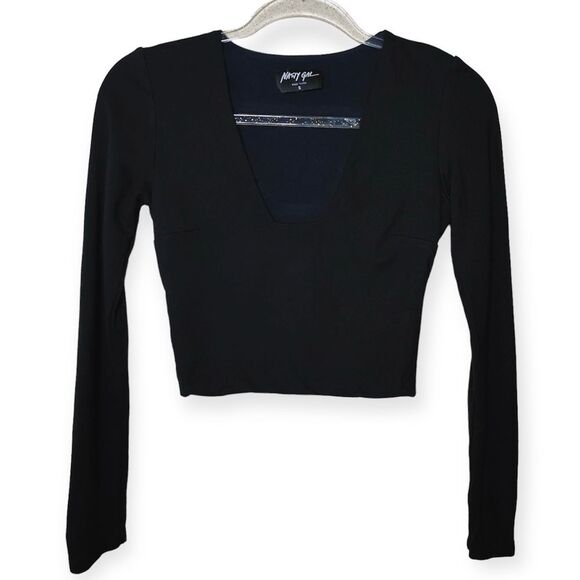 Nasty Gal Women's Size Small Black Long Sleeve Square Deep Neck Cropped Top - Picture 1 of 5